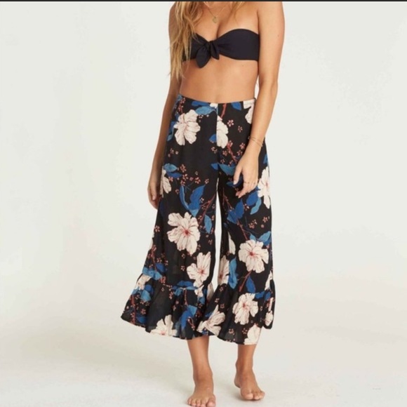 Billabong Strange Talk Hawaiian print crop flowy pants high rise wide leg floral - Picture 1 of 11
